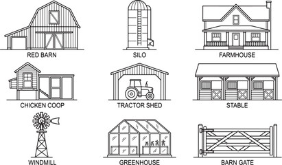Fototapeta premium Farm building icons set featuring barn silo farmhouse chicken coop tractor shed stable windmill greenhouse and gate