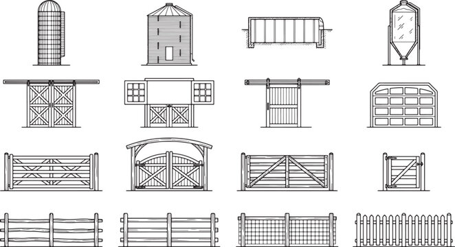 Farm building elements set with silos gates and wooden fences in a clean black line art style
