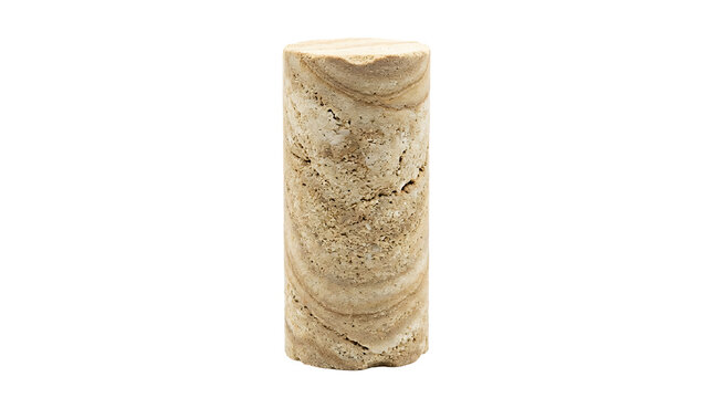 Single cylindrical geological core sample with visible sedimentary rock layers and natural textures isolated on a plain white background