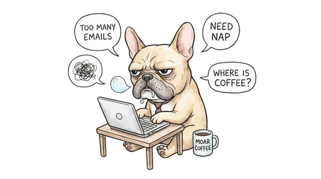 Adorable Grumpy French Bulldog Illustration Working on Laptop, Hand-Drawn Cartoon Character Depicting Work from Home Humor, Funny Relatable Dog Pet Sitting at Desk, Isolated on White Background