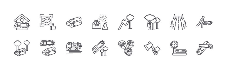 Fototapeta premium set of 16 thin line lumberjack icons including sawmill, logging, lumber, woodcutting, wood, truck, sawdust, chainsaw, axe. editable stroke vector illustration isolated on white