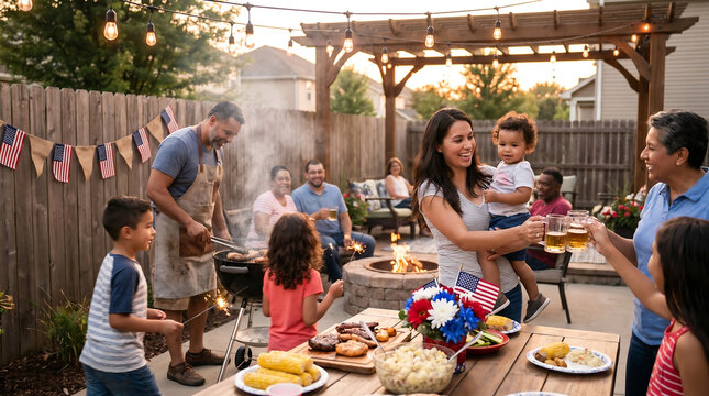 Multigenerational Family Celebrating 4th of July Backyard Barbecue and Summer Holiday