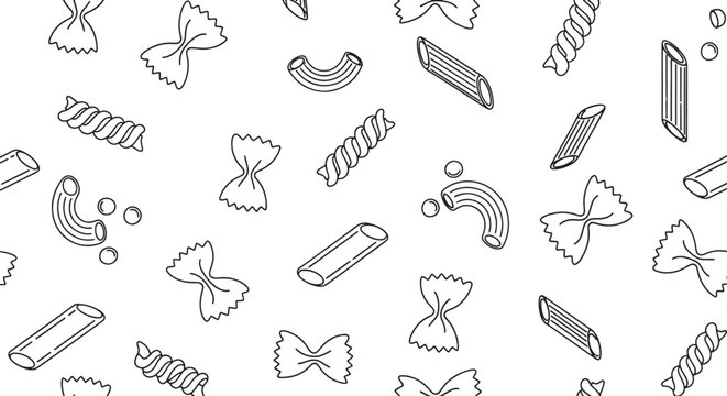 Seamless pattern of various pasta shapes including farfalle penne and macaroni in a simple black line art style