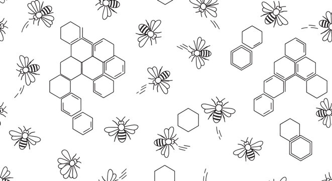 Seamless pattern with honey bees and honeycomb structures in black and white line art vector illustration