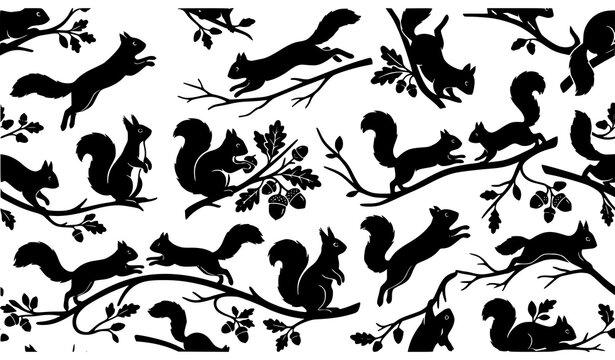Dynamic squirrel silhouette pattern with active woodland creatures in playful natural poses vector illustration