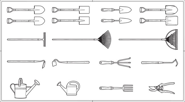 Set of garden tools icons including shovels rakes hoes watering cans and shears in black line art