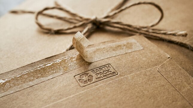Close up view of an eco friendly recycled cardboard shipping envelope sealed with adhesive tape and tied with rustic twine string