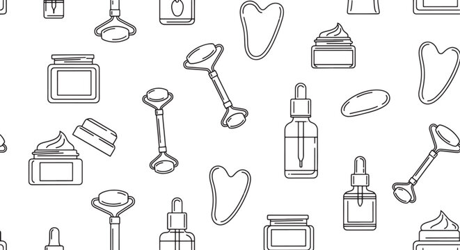 Skincare routine pattern with jade rollers gua sha tools and cosmetic cream jars in line art style