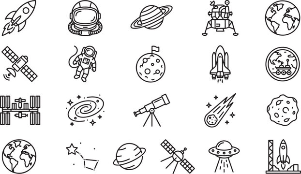 Space and astronomy icon set featuring rockets planets astronauts and celestial bodies in a simple line art style