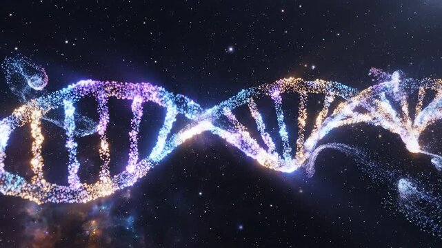 Abstract DNA helix rotating with glowing particles in dark blue background with cinematic motion
