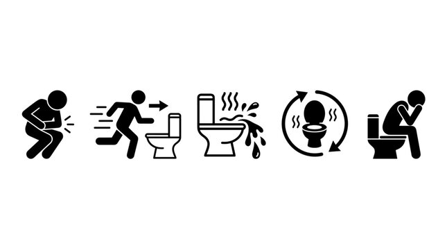 Stomach pain and urgent diarrhea symptoms icon set