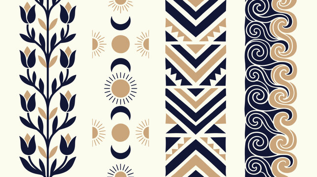Set of boho vertical border patterns featuring floral vines, celestial moon phases, geometric chevrons and spiral waves, representing branding design and creative decoration