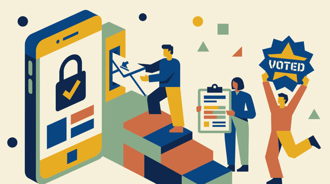 Flat vector illustration of people using a smartphone for secure online voting with a ballot box, representing digital democracy solutions and electronic election campaign