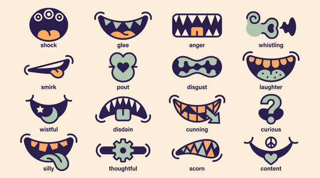 Vector set of sixteen stylized cartoon mouth icons depicting different facial emotions and expressions, representing creative character design elements and psychological concept designs