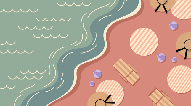 aerial view illustration of a sandy beach with ocean waves, striped umbrellas, hats and lounge chairs, representing summer vacation banner or leisure travel promotion