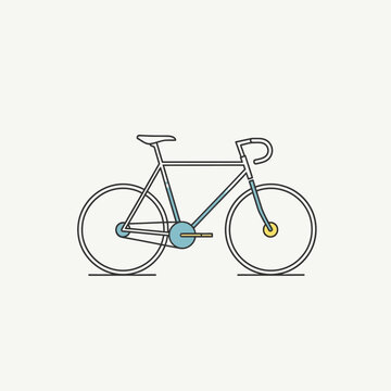 Minimalist line art illustration of a single speed road bicycle with teal accents on a light background