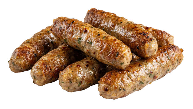 Grilled sausages arranged in a pile showcasing browned surfaces on transparent background sausage meat products pork breakfast food lunch dinner