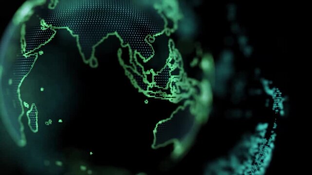 Futuristic digital green globe rotating with neon plexus network communication grid showing global map data.