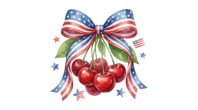 Festive Watercolor Coquette Fourth of July Illustration Featuring Ripe Red Cherries Adorned with American Flag Patterned Ribbon Bow, Stars and Stripes Motif Isolated on a White Background.