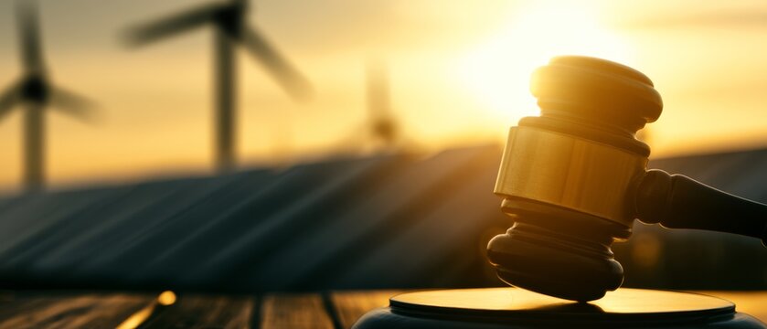 Judge Gavel with Solar Farm and Wind Turbines for Energy Regulation
