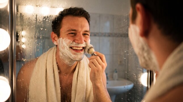 Transgender man smiling broadly while applying shaving cream in a steamy bathroom mirror