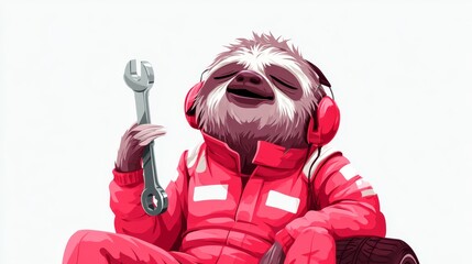 Fototapeta premium Sleepy Sloth Mechanic in Red Jumpsuit Holding Lug Wrench