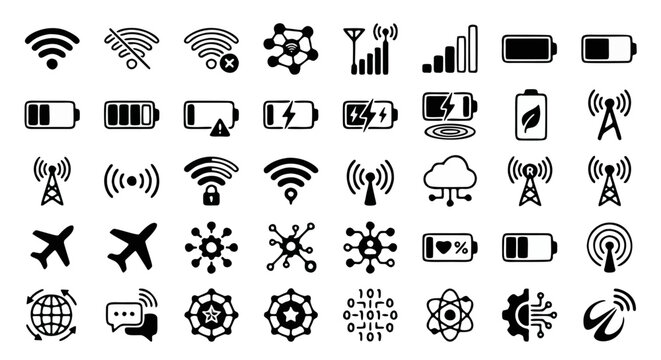 Technology interface icon set, 40 black vector symbols for mobile battery and wifi signal, wireless network and data connection glyphs for app design