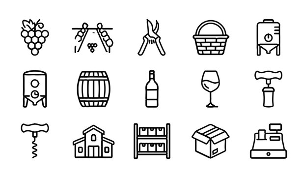 Winery and vineyard production line art icons set