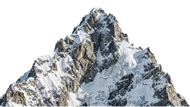 Snow covered mountain peak with rocky formations isolated on transparent background mountainside snow capped snowy alpine range summit glacier ice winter