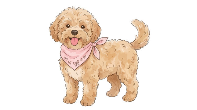 Charming Hand Drawn Cartoon of a Happy Cavoodle Dog Wearing a Stylish Pink Bandana with its Tongue Out, Adorable Whimsical Pet Illustration Isolated on a Pristine White Background