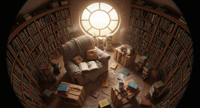 Um quarto aconchegante e circular com estantes de livros, uma poltrona confort&aacute;vel, uma pessoa lendo e um gato dormindo, iluminado por uma grande janela redonda.