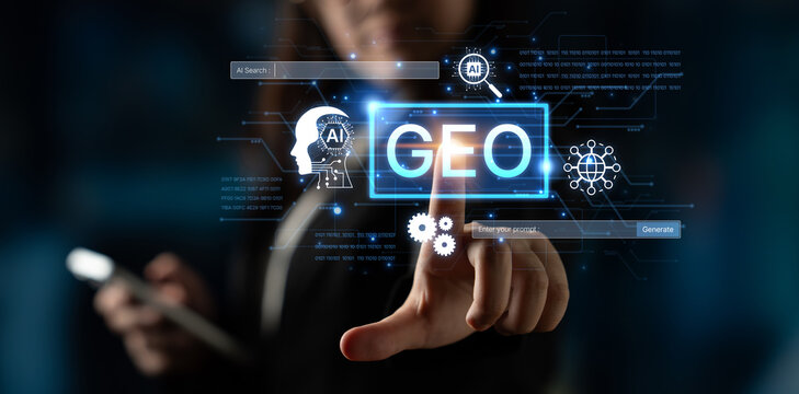 Digital marketing concept featuring GEO strategy. Generative AI search visual shows GEO interface integrating intelligence, logic, and AI input system for prompt tasks. Corpus