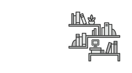 Naklejka premium A minimalist line art illustration of a modern wall mounted bookshelf with books and a computer.