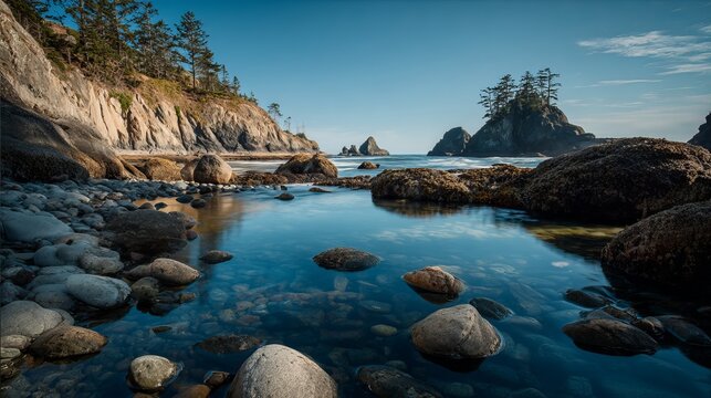 Scenic coastal landscape featuring rugged rocky cliffs and calm tide pools under a bright blue sky at the Pacific Northwest shoreline during summer