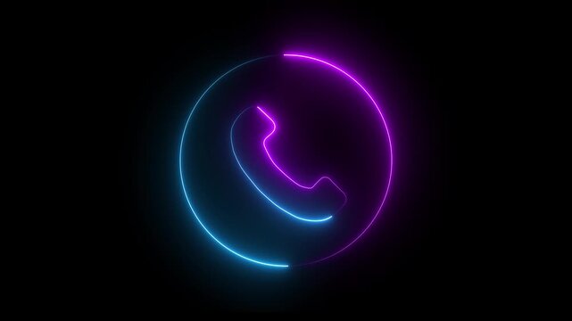  Neon glowing blue and pink color phone call icon animation on black background. Glowing circle loading call icon isolated.