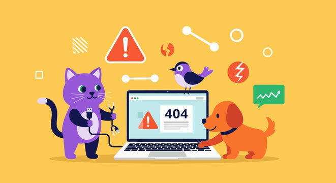 Cute cat and dog fixing 404 error on laptop website offline connection issue illustration