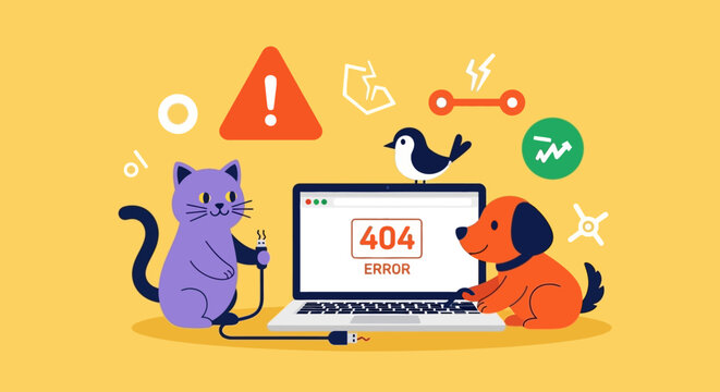 Funny illustration of a cat and dog trying to fix a 404 error on a laptop computer with technical warning icons