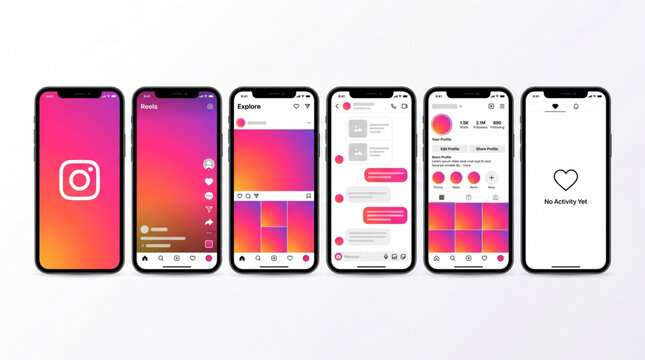 2026 Instagram mobile app mockup interface template. Social media UI screen display on smartphone device. IG profile, reels player, explore grid, direct message chat, activity notification. New UI.