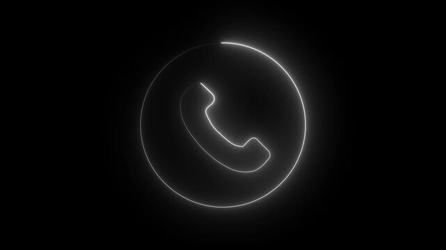  Neon glowing white color phone call icon animation on black background. Glowing circle loading call icon isolated.