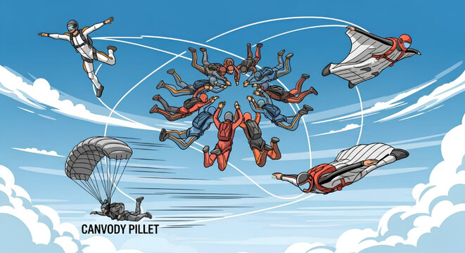 Skydiving Vector Illustration Set Featuring Formation Skydiving, Freestyle Skydiving, Canopy Piloting and Wingsuit Flying