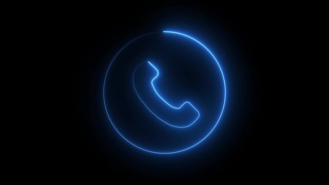  Neon glowing blue color phone call icon animation on black background. Glowing circle loading call icon isolated.