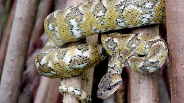 Close-up of a large python coiled around wooden branches in a natural setting