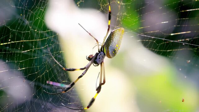 Golden Orb Weaver Spider on its intricate web in natural sunlight