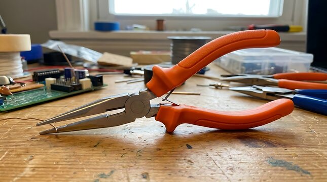 Broken orange pliers on a cluttered workshop table