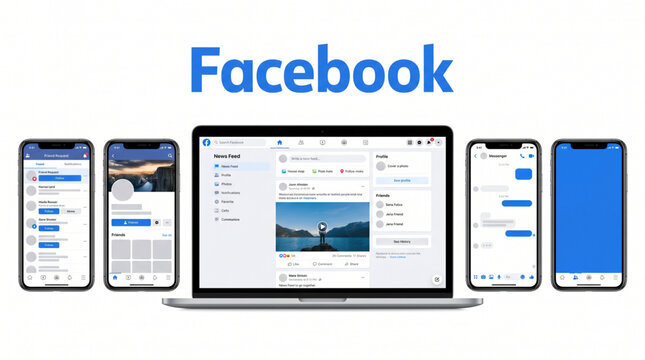 2026 Facebook mockup social media template. Facebook app interface mockup on laptop and smartphone screens. News feed, profile, messenger chat, and friend request UI display. Web design layout.