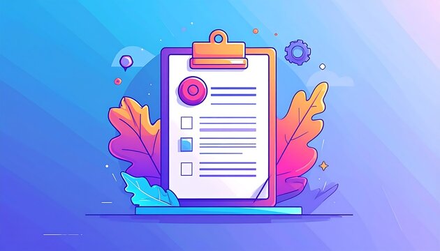 Colorful Clipboard Checklist Illustration with Decorative Leaves on Gradient Background