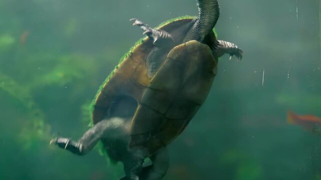Underwater turtle swims gracefully through aquatic plants and small fish