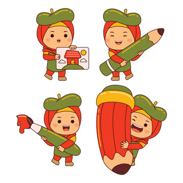 cute artist girl hijab cartoon character vector illustration