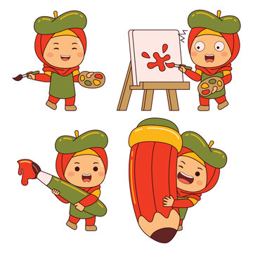 cute artist girl hijab cartoon character vector illustration