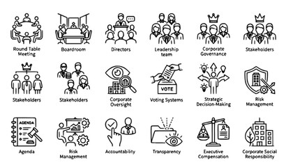 Obraz premium Board meeting and corporate oversight icon collection editable stroke vector